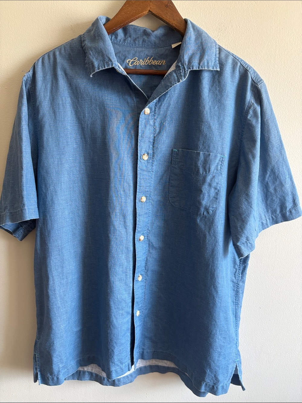 Caribbean Men’s Linen Cotton Button Front Camp Shirt Blue Large